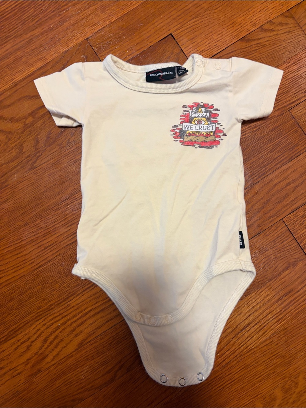 Rock Your Baby Cream Pizza Graphic Bodysuit with Red and Yellow Print
